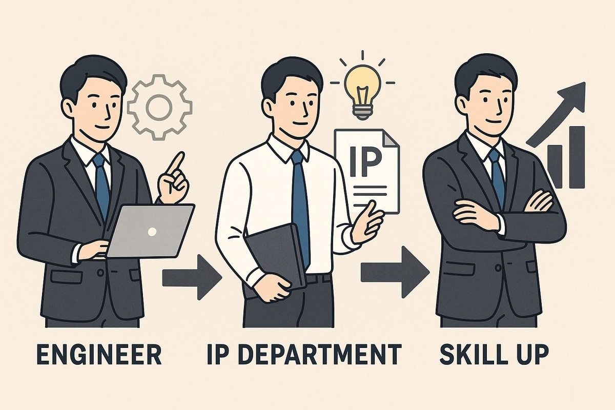 転職を経て、開発部員から知財部員へキャリアチェンジを果たし、スキルアップする様子