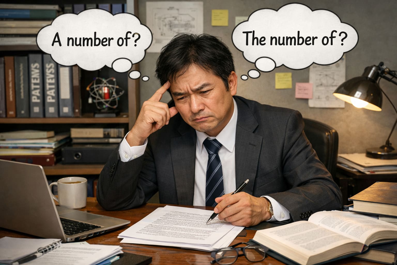 特許のクレームの表記を「a number of」とすべきか、「the number of」とすべきか迷っている弁理士