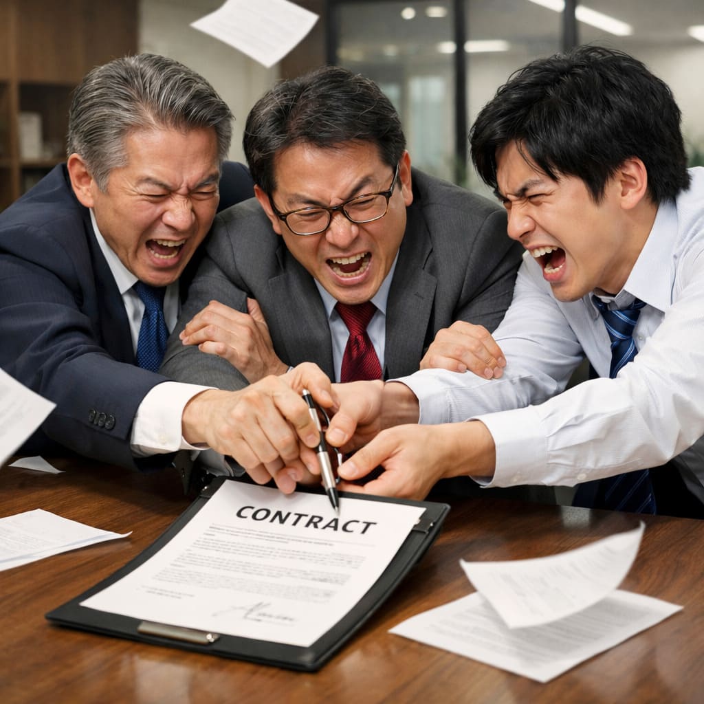 契約書に署名しようとする社長、管理職、平社員