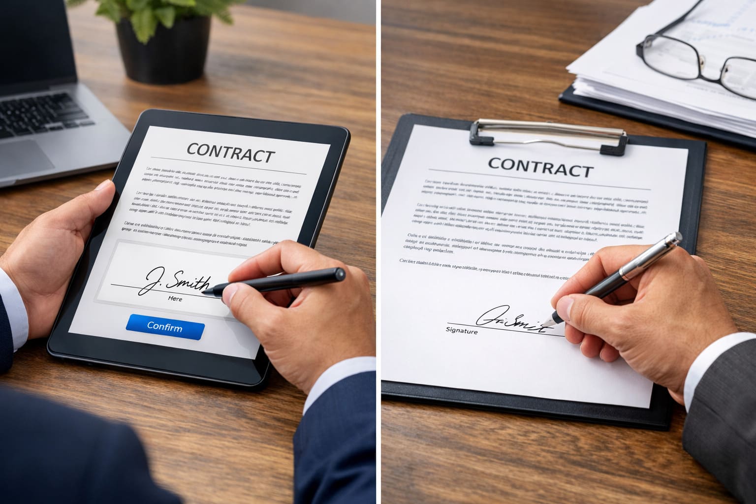 契約書に対し、一方は電子署名、他方は紙署名する様子