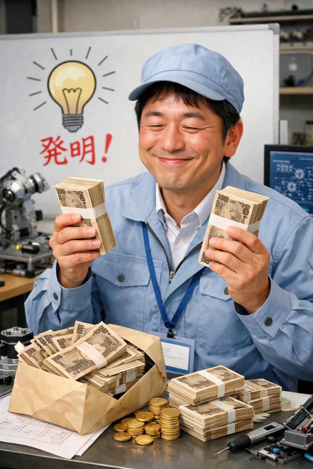 発明報奨金を受け取り、喜ぶ開発者