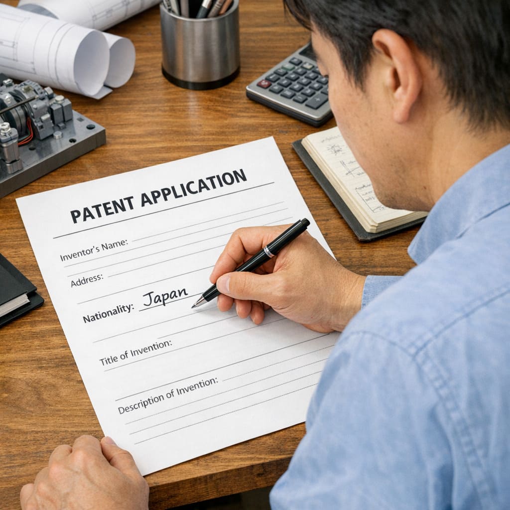 特許出願の際、発明者の国籍、住所を記載する様子