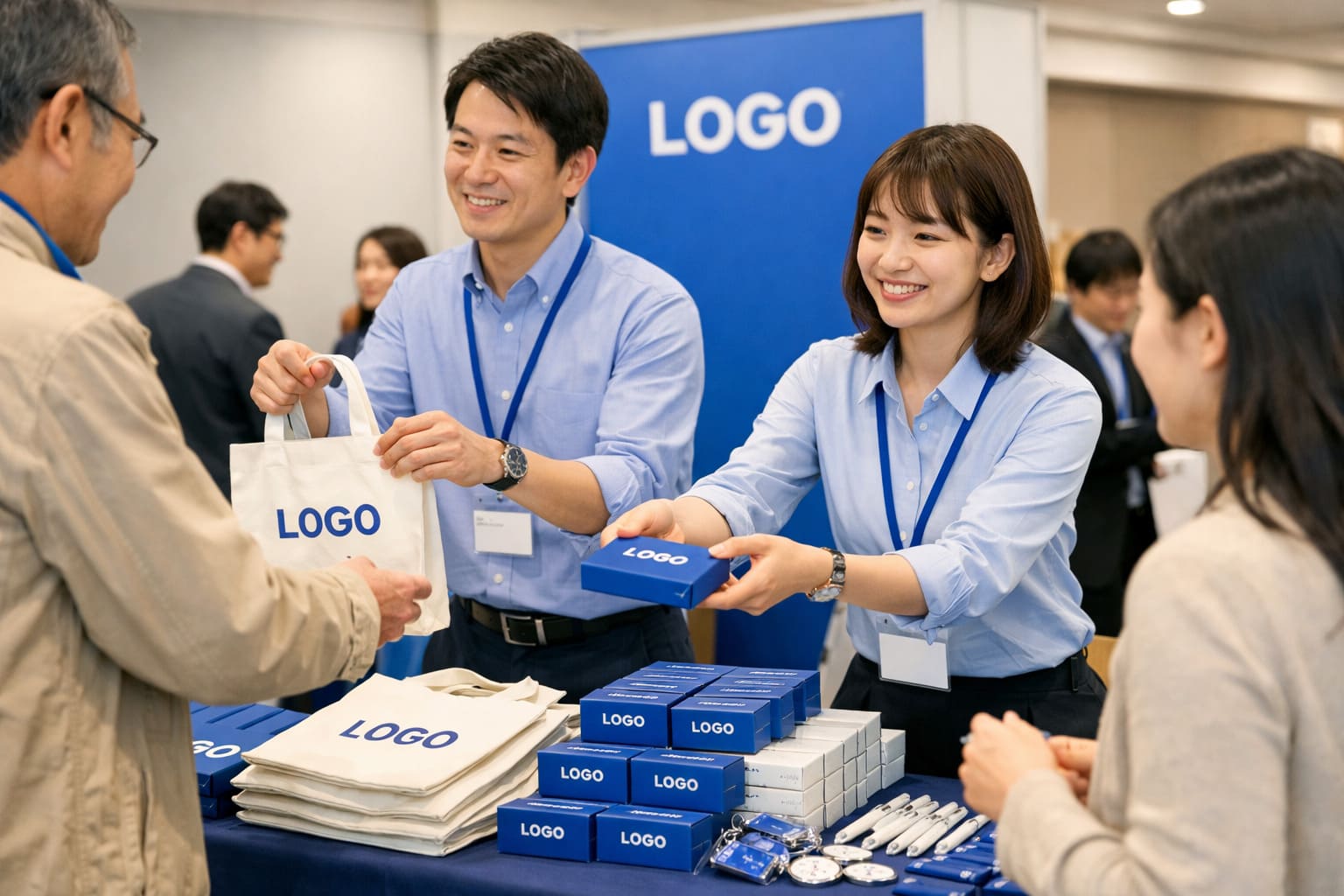 来場者にノベルティを配布する社員