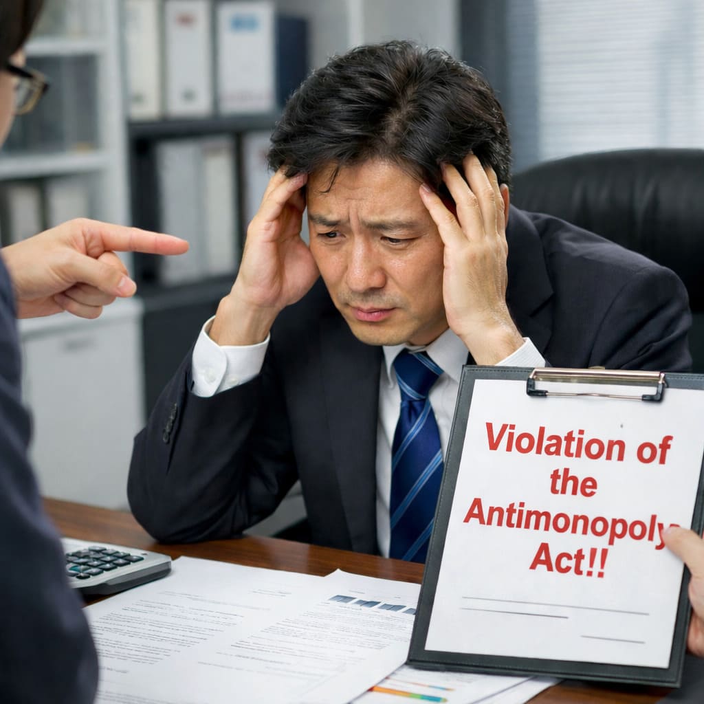 独占禁止法違反を指摘され、頭を抱える社員