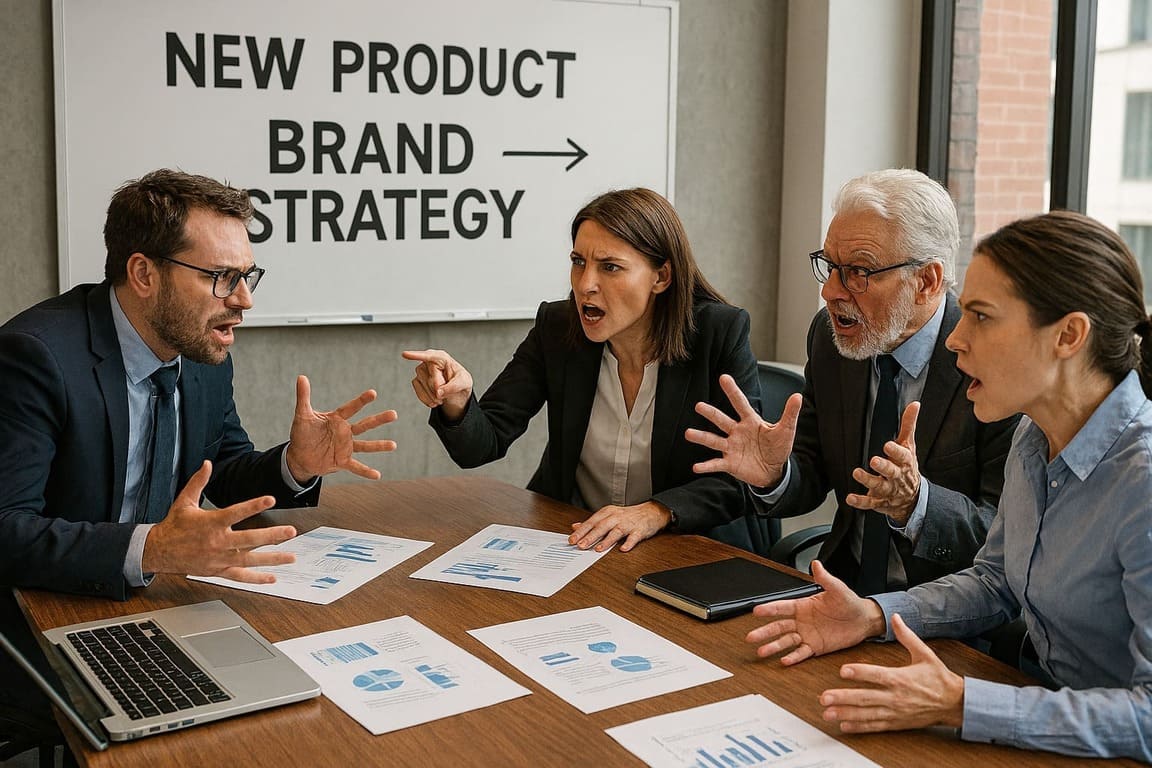 ブランド戦略をどうするか激しく議論する社員たち