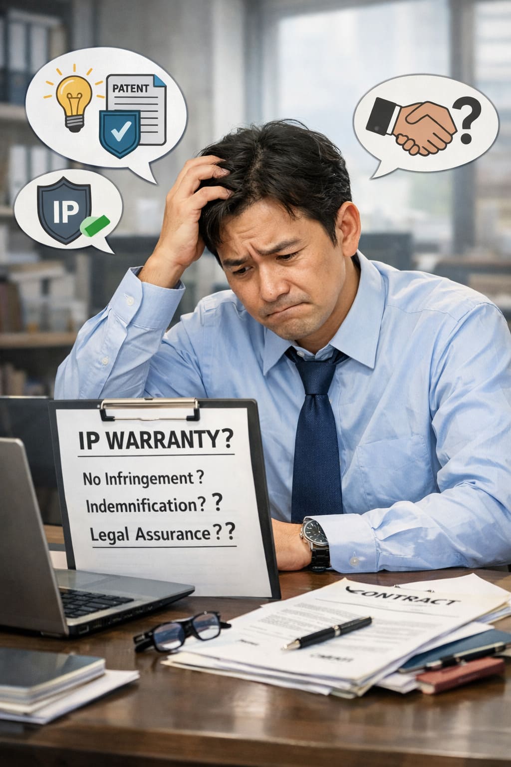 知財保証を入れるかどうか考えている社員