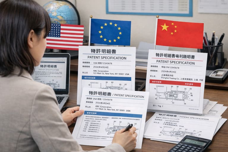 外国向けの特許明細書を作成する様子