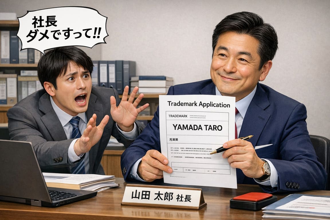 自らの氏名で商標登録しようとする社長を慌てて制する社員