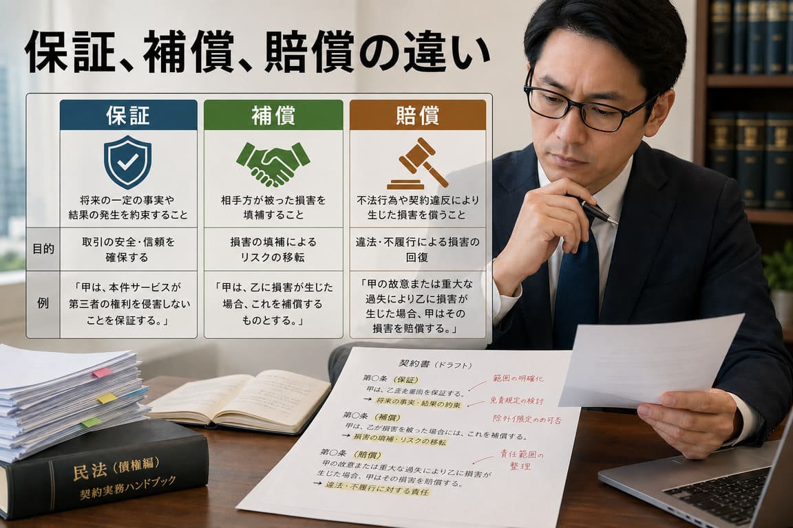 「保証」「補償」「賠償」の違いを説明する図