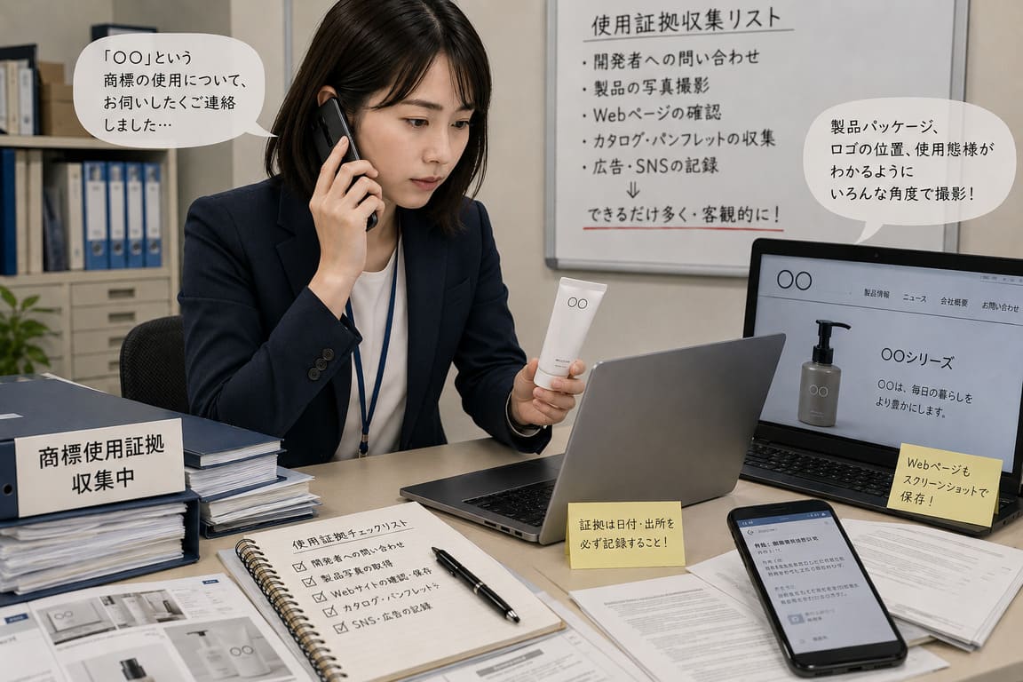 自社の登録商標の使用証拠をかき集めている知財部員