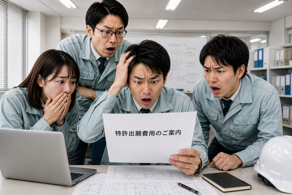 特許出願しようとしたら、特許庁費用に加えて代理人費用が高額であったため驚いている企業の開発部